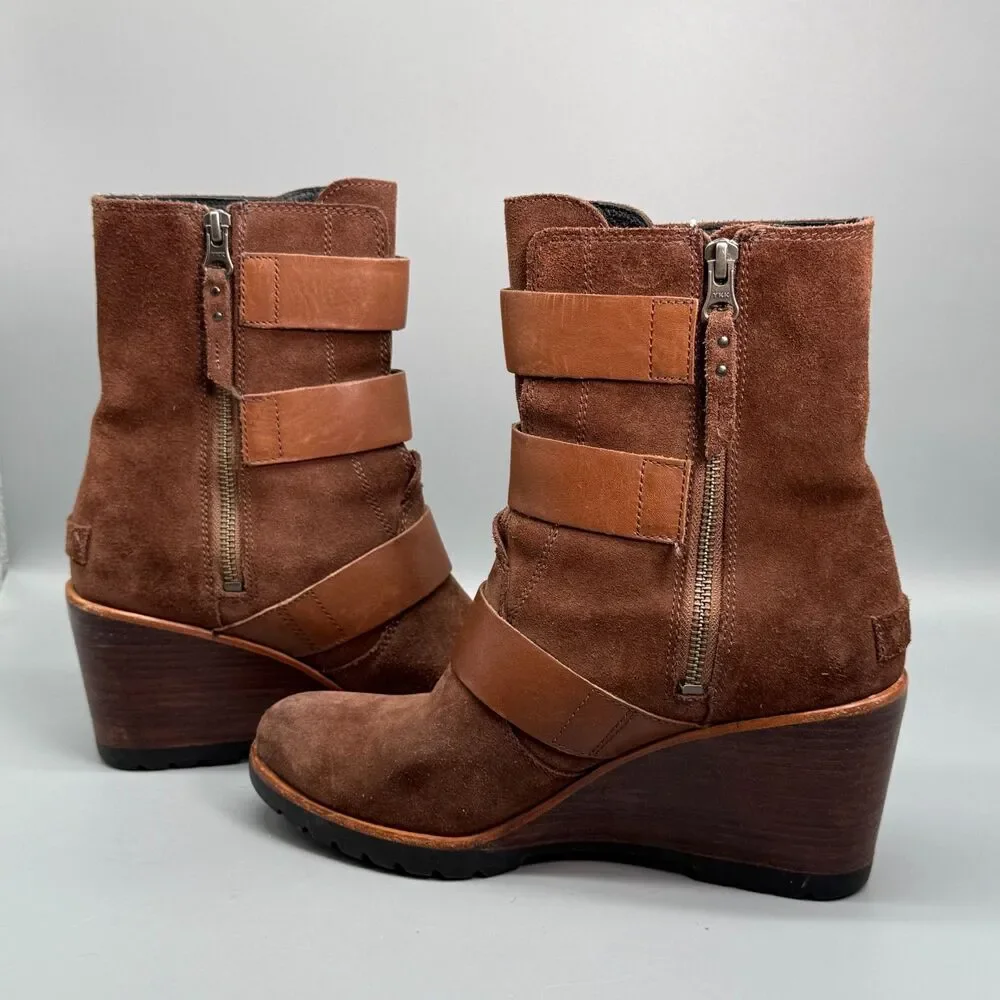 Sorel After Hours Women's 9.5 Brown Suede Ankle Booties Wedge Zipper Casual